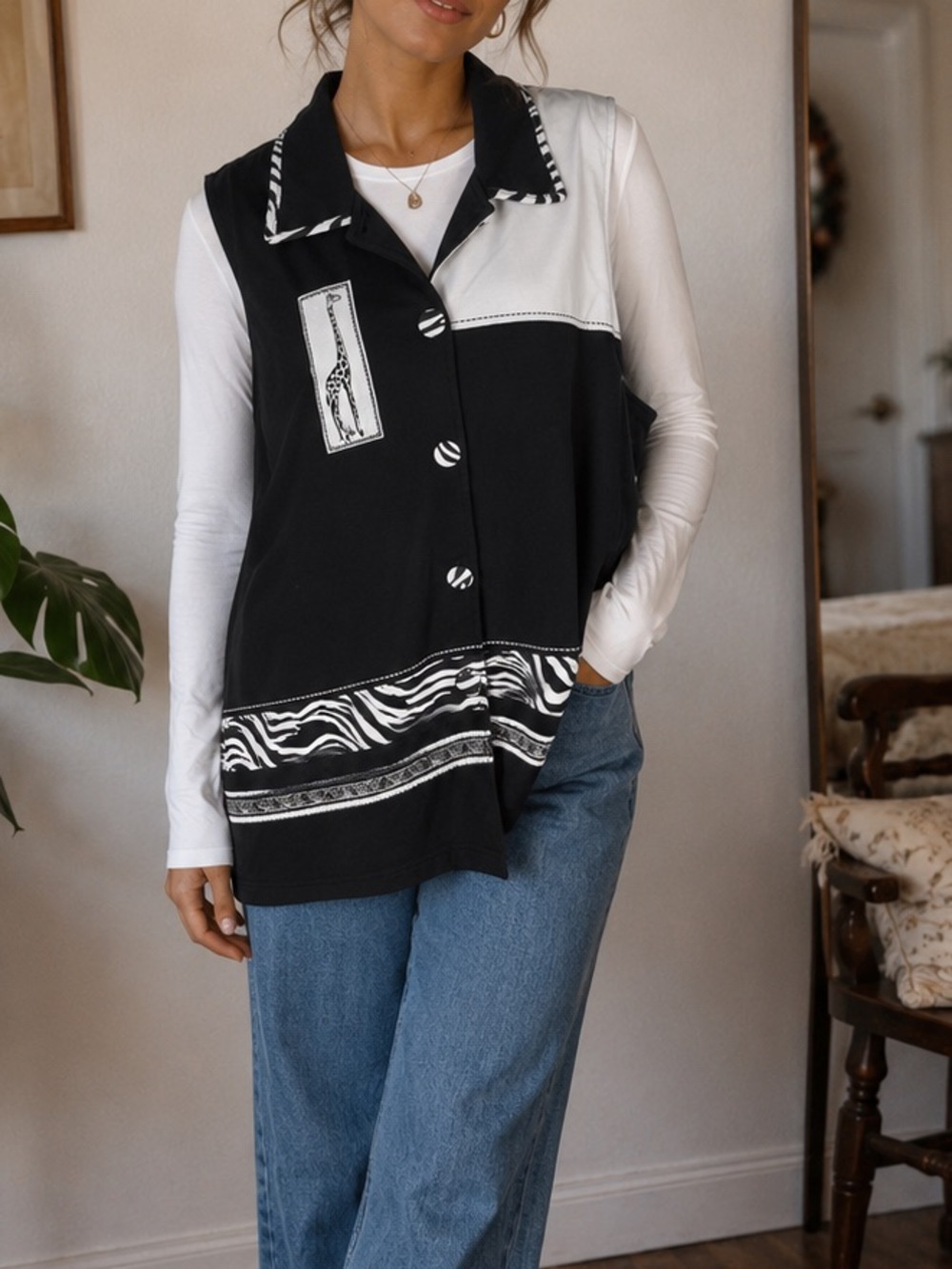 Koret K-Wear Black White Zebra Trim Button Front Y2K Animal Print Knit Vest 2X